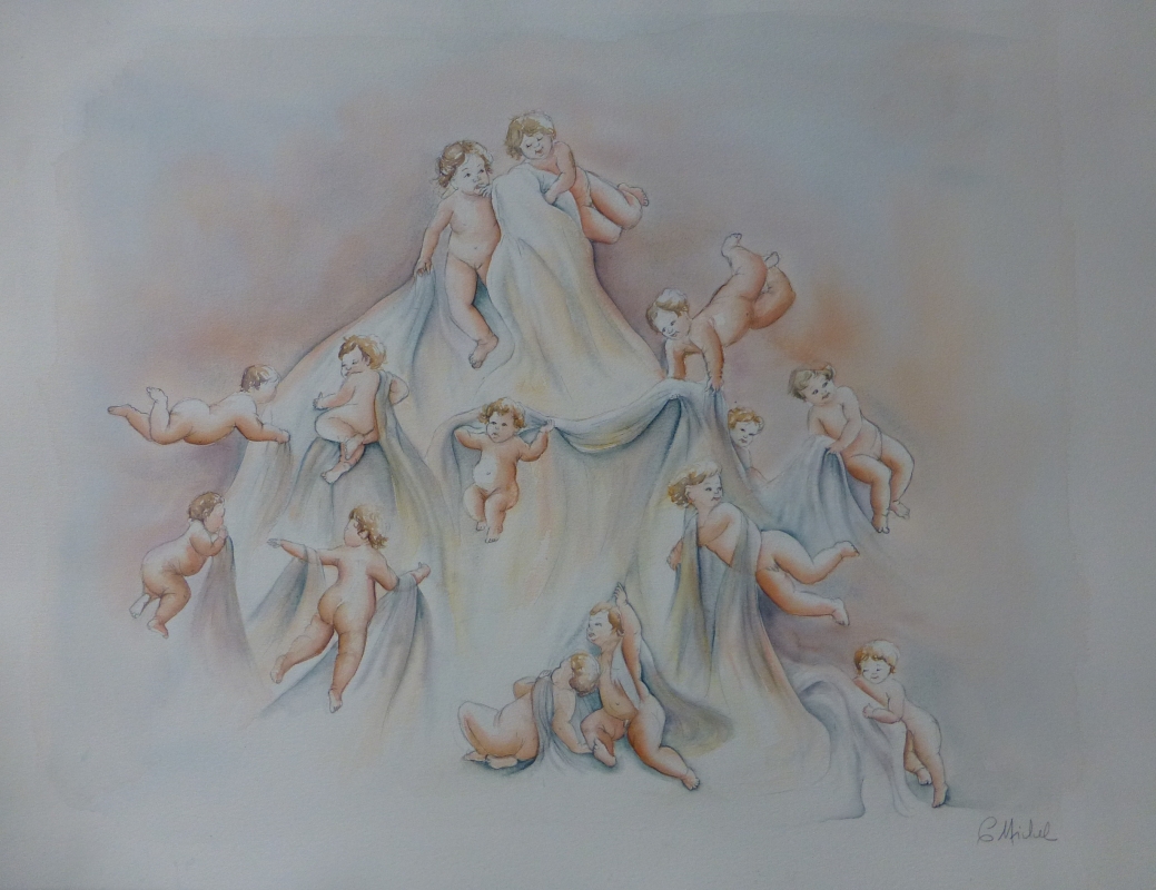 vente aquarelle Les angelots en drapé rose
