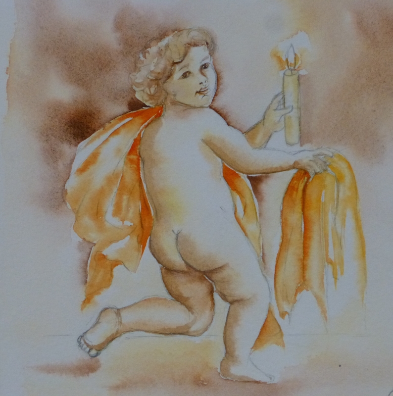 vente aquarelle Angelot à la bougie
