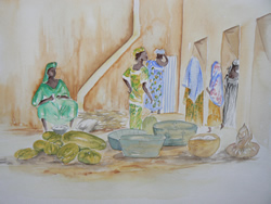 vente aquarelle Cour intérieure à Djenné