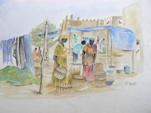 vente aquarelle Scène de marché à Djenné, Mali