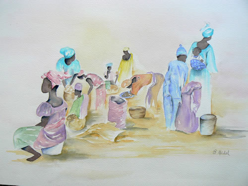 vente aquarelle scène de marché, Sénégal