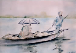 vente aquarelle Pirogue sur le Niger