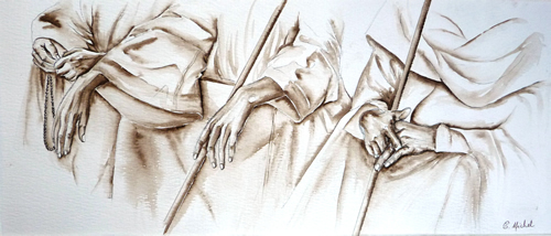 vente aquarelle Rencontre au village