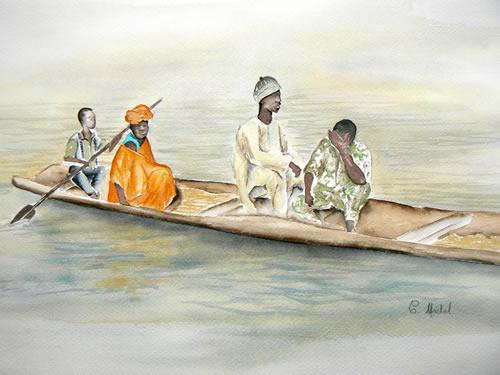 vente aquarelle Sur le Niger, près de Mopti