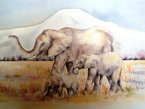 vente aquarelle Les Eléphants en famille