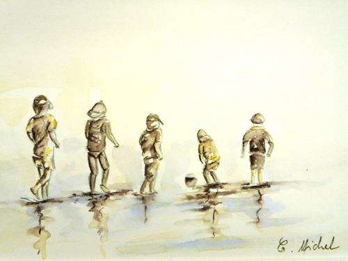 vente aquarelle Enfants à la pêche à pied