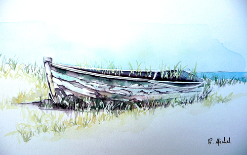 vente aquarelle Le bateau abandonné, Hoëdic