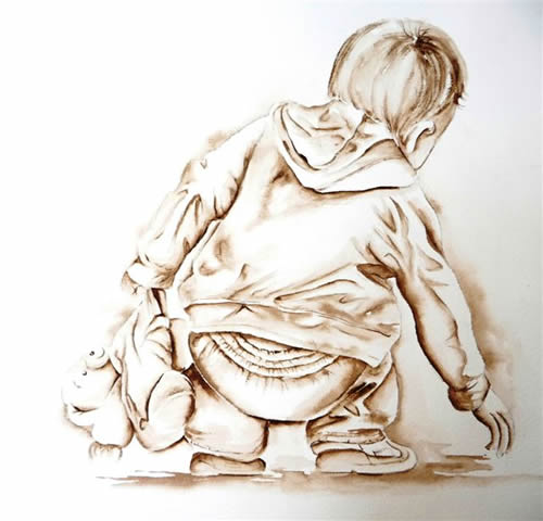 vente aquarelle Petit garçon au doudou