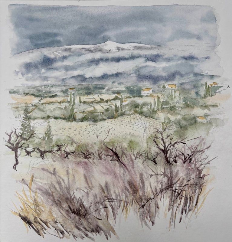vente aquarelle Le Mont Ventoux et son écharpe de nuages