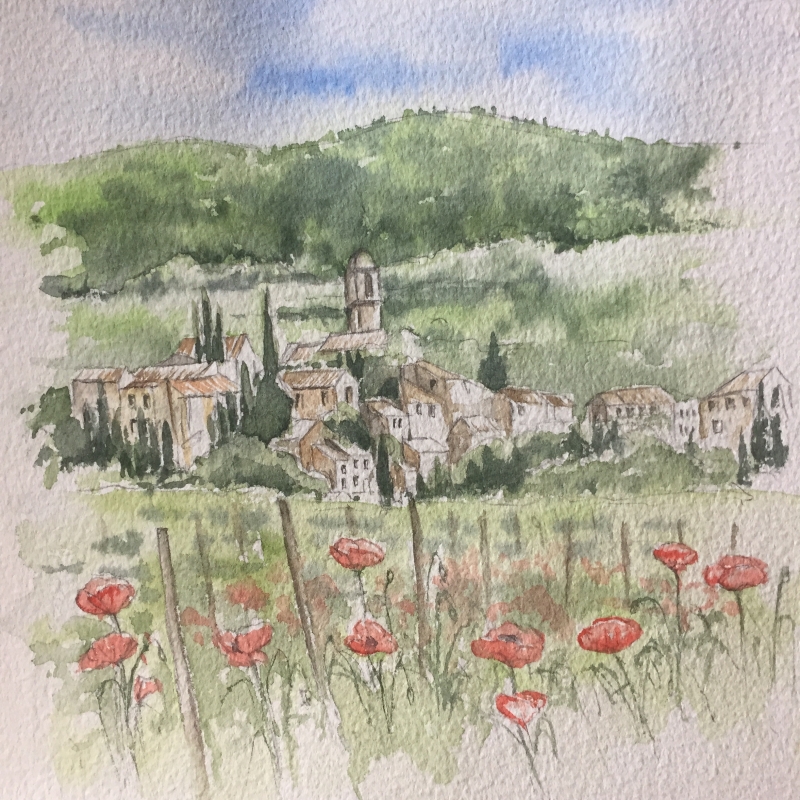 vente aquarelle Mormoiron derrière les coquelicots