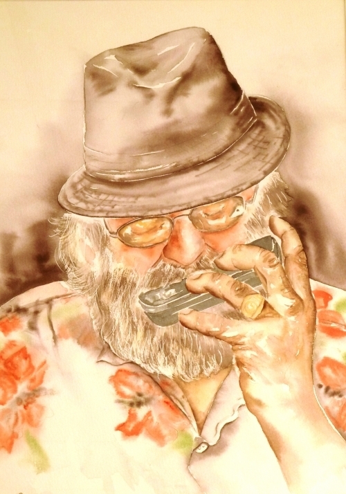 vente aquarelle Le joueur d'harmonica
