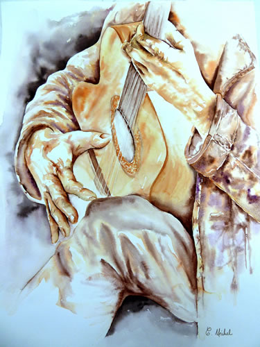 vente aquarelle Les mains du guitariste