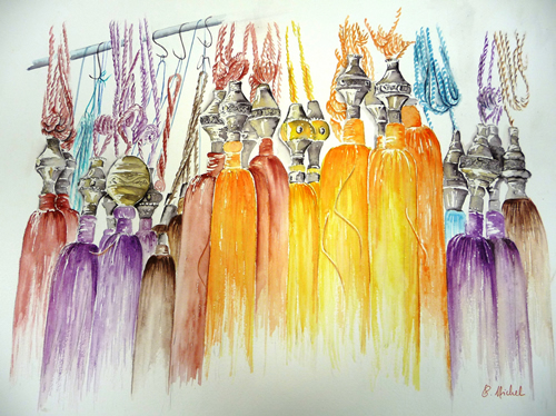 vente aquarelle Les pompons de Marrakech
