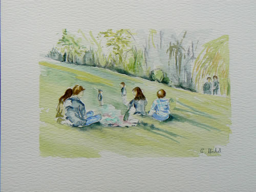vente aquarelle Scène des Buttes Chaumont