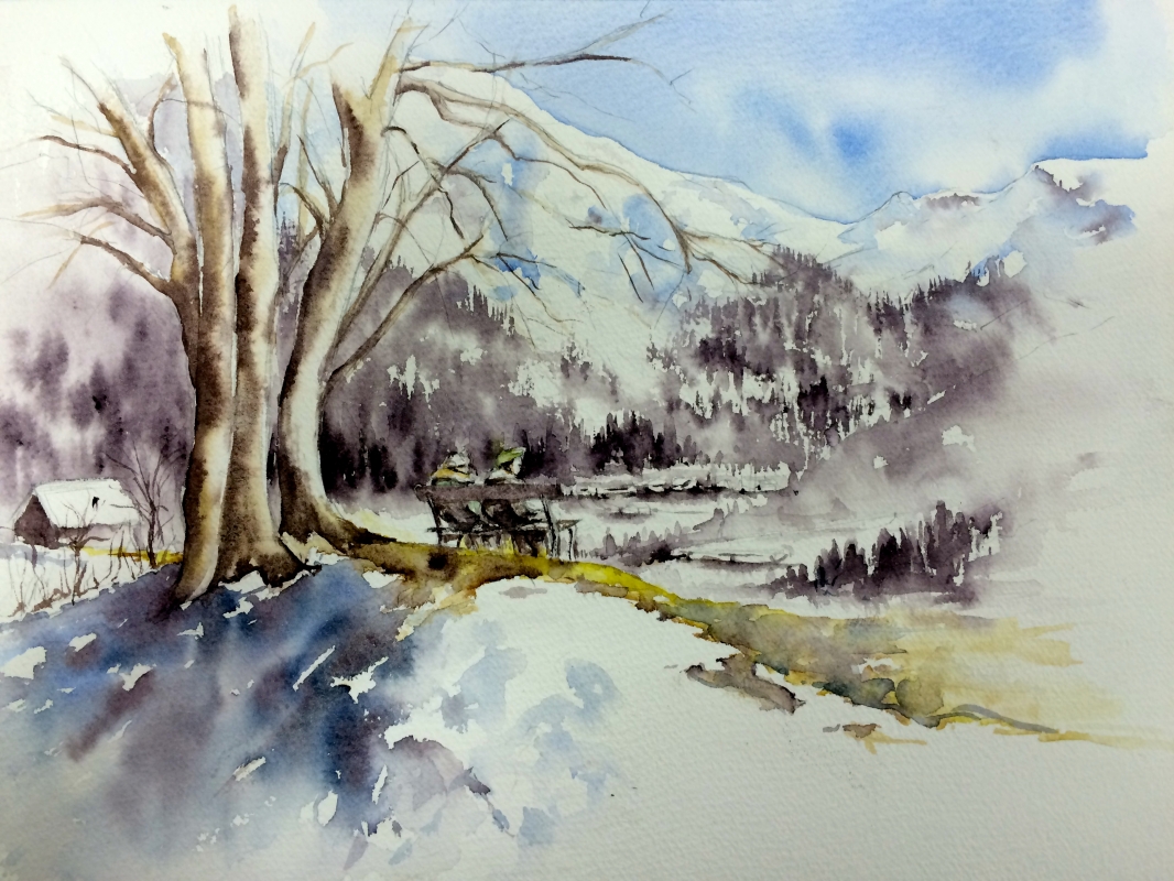 vente aquarelle Le banc des amis,Samoëns
