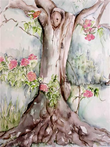 vente aquarelle Le rosier liane sur son vieil arbre