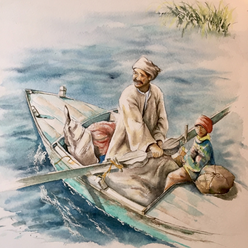 vente aquarelle Pêcheurs sur le Nil