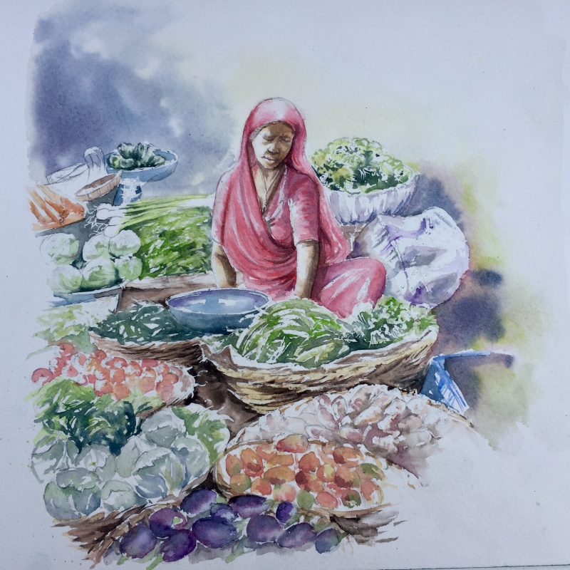 vente aquarelle Le marché d'Udaïpur