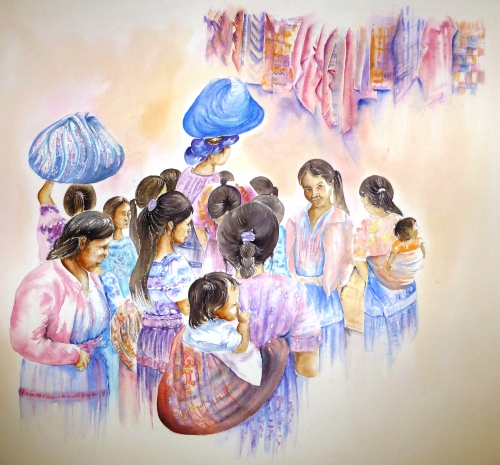 vente aquarelle Guatemala, marché de Solola