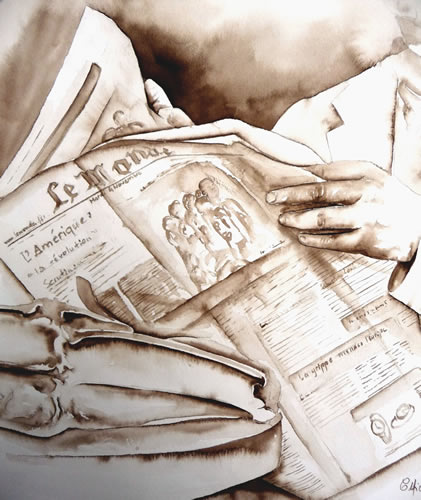 vente aquarelle Lecture en terrasse