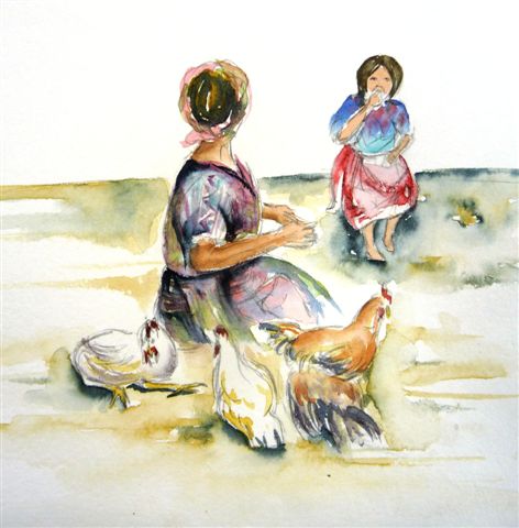 vente aquarelle Scène de marché à Solola, Guatémala