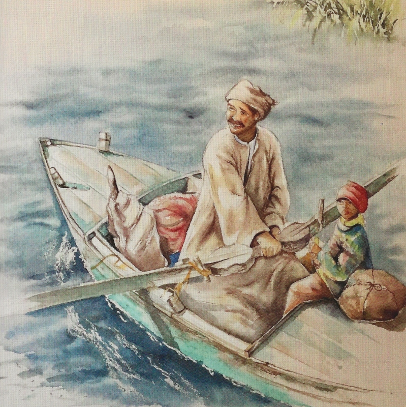 vente aquarelle Pêcheur sur le Nil